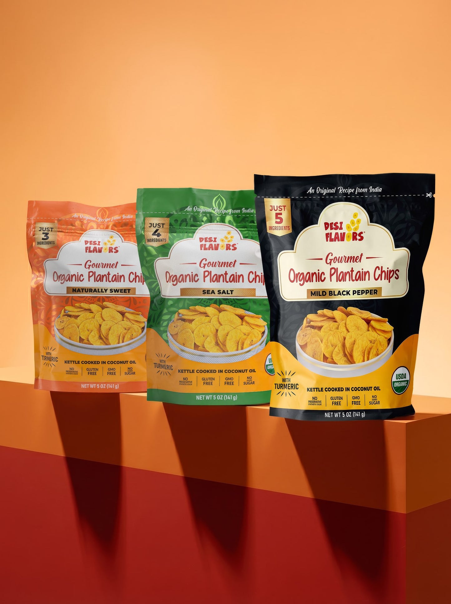 Desi Flavors Variety Pack — three organic plantain chip bags: Naturally Sweet, Sea Salt, and Mild Black Pepper.